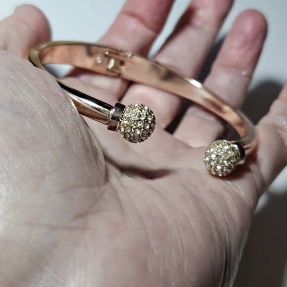*Sale* Rose Gold Tone Hinges Bangle Bracelet With Clear Rhinestone Accents - Picture 2 of 11